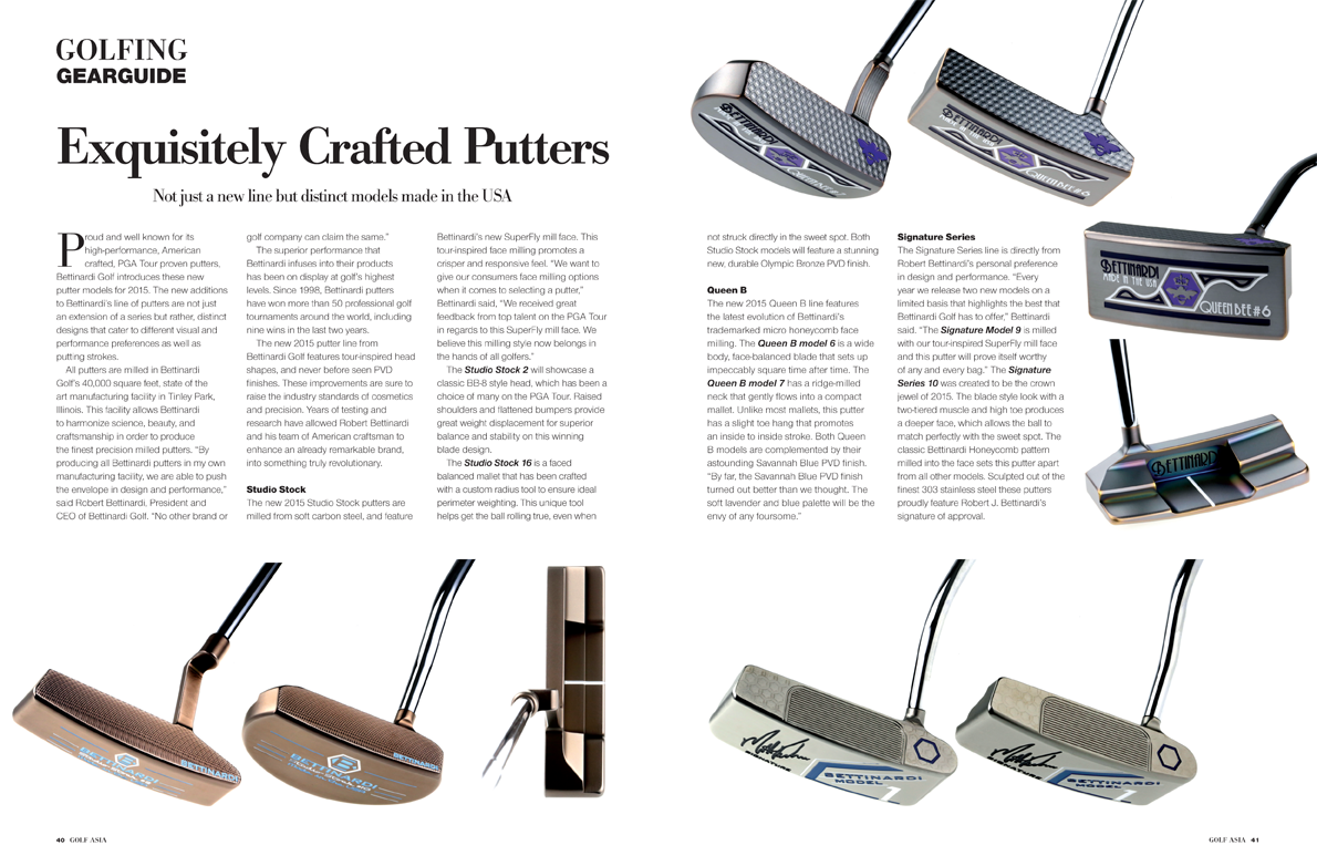 Présentation du magazine Golf Asia qui présente la game Bettinardi, composants vendus et mis aux mesures par QUEVA Clubfitting.